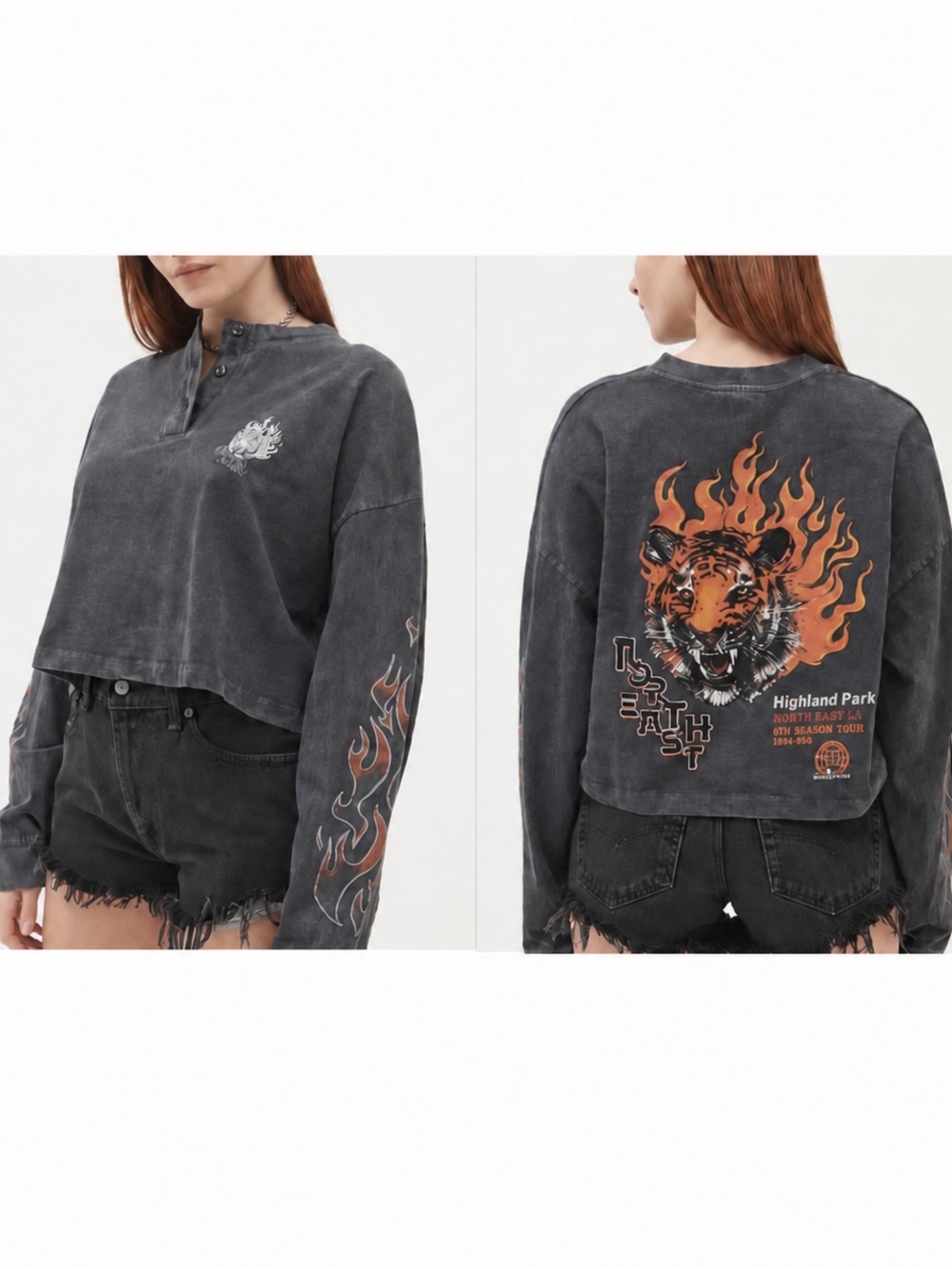 BDG Urban Outfitters Tiger Flame Graphic Cropped Henley Top Size Small